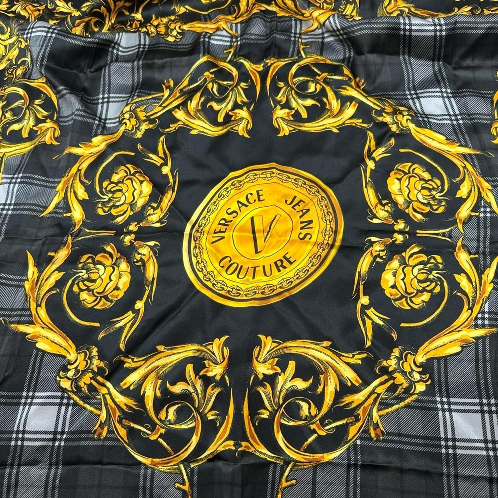 Versace Black and Gold Baroque Plaid Silk Scarf - Picture 2 of 8